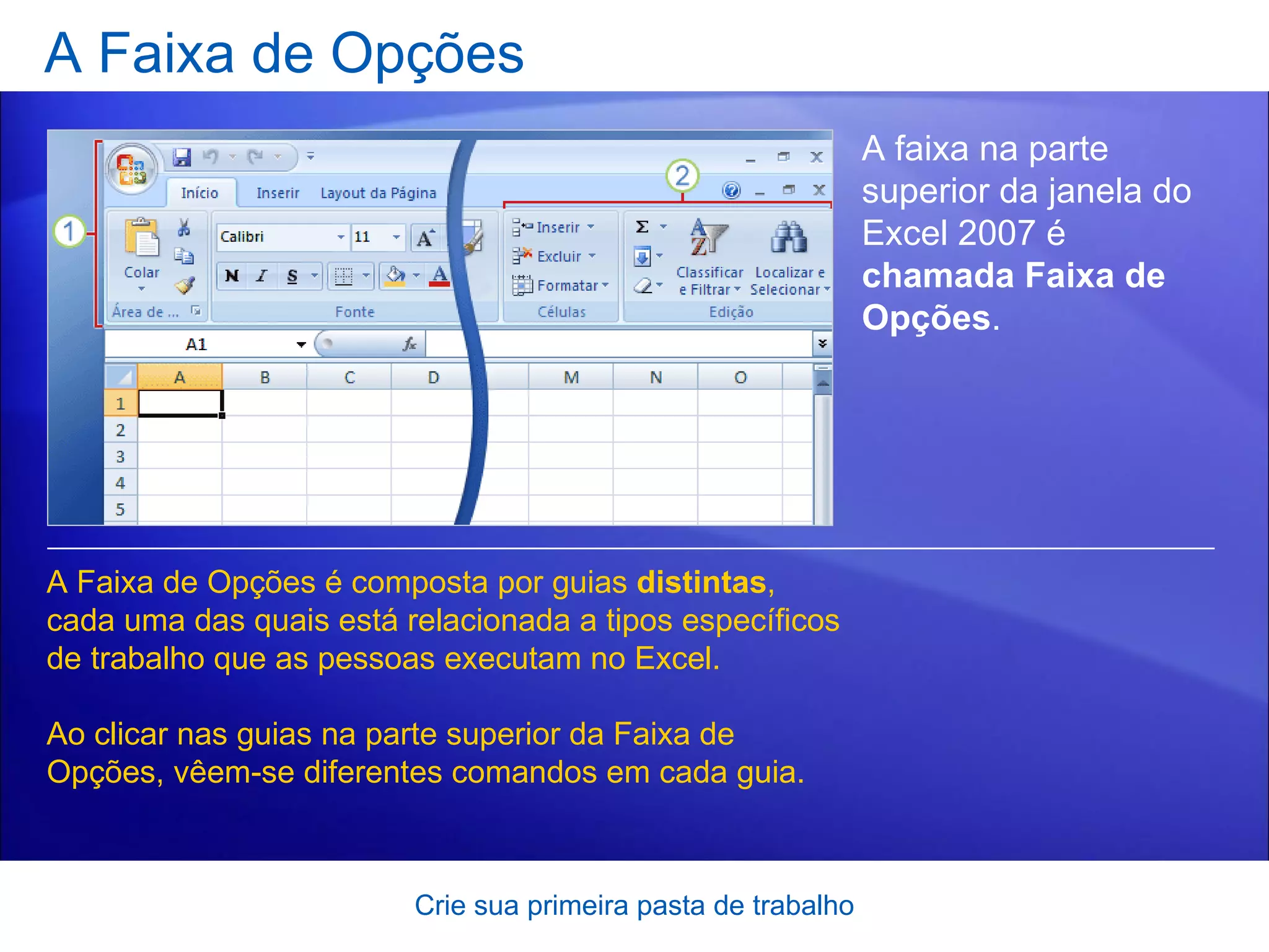 A Faixa de Opções Crie sua primeira pasta de trabalho A faixa na parte superior da janela do Excel 2007 é  chamada Faixa de Opções .  A Faixa de Opções é composta por guias  distintas , cada uma das quais está relacionada a tipos específicos de trabalho que as pessoas executam no Excel.  Ao clicar nas guias na parte superior da Faixa de Opções, vêem-se diferentes comandos em cada guia.  