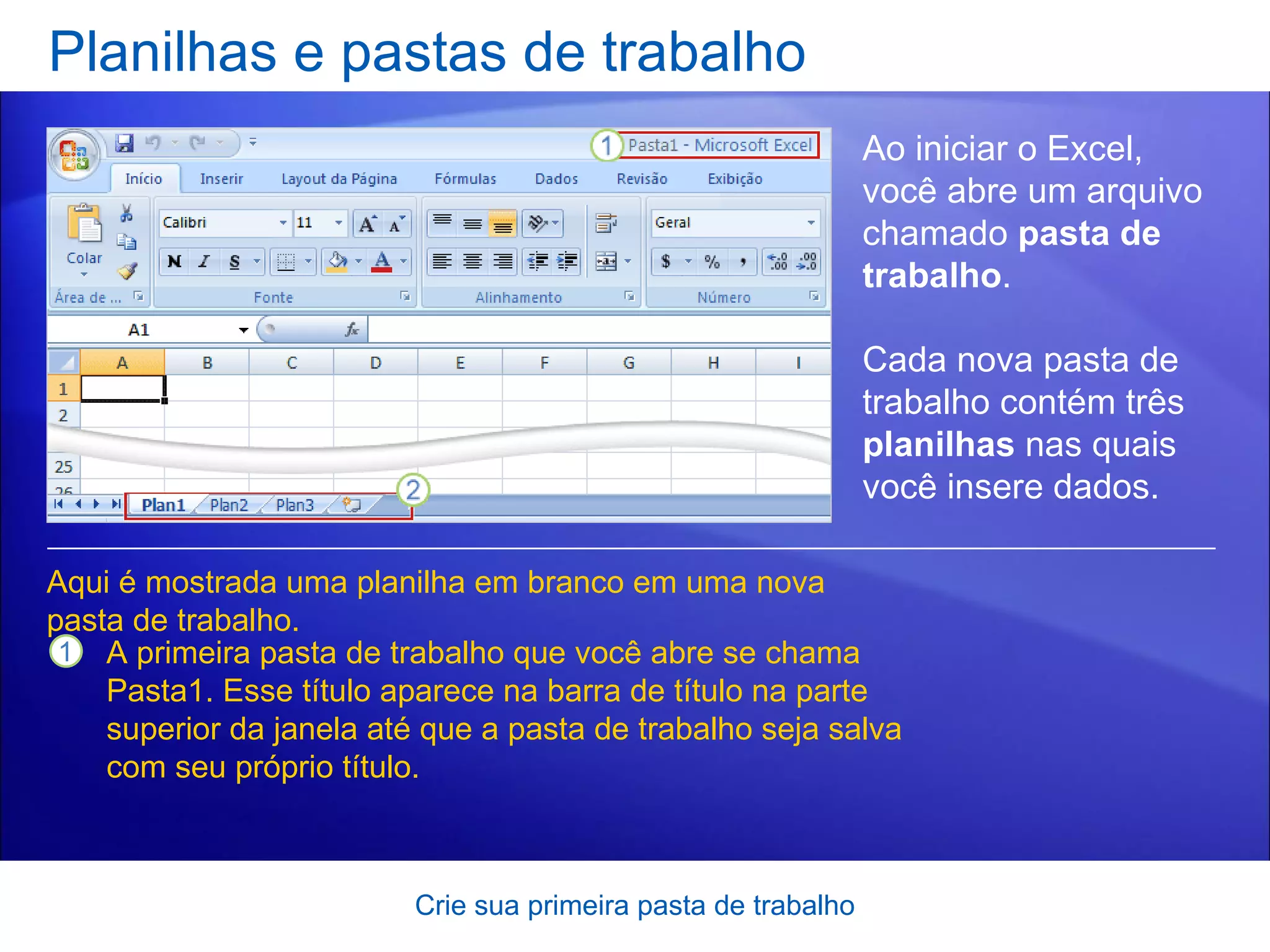 Planilhas e pastas de trabalho Crie sua primeira pasta de trabalho Ao iniciar o Excel, você abre um arquivo chamado  pasta de trabalho .  Cada nova pasta de trabalho contém três  planilhas  nas quais você insere dados.  A primeira pasta de trabalho que você abre se chama Pasta1. Esse título aparece na barra de título na parte superior da janela até que a pasta de trabalho seja salva com seu próprio título. Aqui é mostrada uma planilha em branco em uma nova pasta de trabalho. 