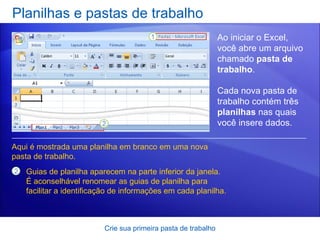 Planilhas e pastas de trabalho Crie sua primeira pasta de trabalho Ao iniciar o Excel, você abre um arquivo chamado  pasta de trabalho .  Cada nova pasta de trabalho contém três  planilhas  nas quais você insere dados.  Guias de planilha aparecem na parte inferior da janela. É aconselhável renomear as guias de planilha para facilitar a identificação de informações em cada planilha.  Aqui é mostrada uma planilha em branco em uma nova pasta de trabalho. 
