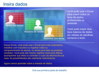Insira dados Crie sua primeira pasta de trabalho Você pode usar o Excel para inserir todos os tipos de dados, profissionais ou pessoais.  Você pode inserir dois tipos básicos de dados em células de planilhas: números e texto.  Dessa forma, você pode usar o Excel para criar orçamentos, trabalhar com impostos ou registrar notas ou comparecimento de alunos, ou ainda para listar os produtos vendidos. Você pode até mesmo registrar exercícios diários, acompanhar sua dieta ou controlar o custo da reforma da sua casa. As possibilidades são realmente intermináveis.  Agora vamos aprender sobre a entrada de dados.  