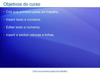 Objetivos do curso Crie sua primeira pasta de trabalho. Inserir texto e números. Editar texto e números. Inserir e excluir colunas e linhas. Crie sua primeira pasta de trabalho 