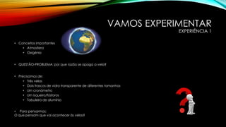 VAMOS EXPERIMENTAR
EXPERIÊNCIA 1
• Conceitos importantes
• Atmosfera
• Oxigénio
• QUESTÃO-PROBLEMA: por que razão se apaga a vela?
• Precisamos de:
• Três velas
• Dois frascos de vidro transparente de diferentes tamanhos
• Um cronómetro
• Um isqueiro/fósforos
• Tabuleiro de alumínio
• Para pensarmos:
O que pensam que vai acontecer às velas?
 