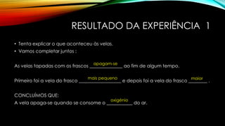 RESULTADO DA EXPERIÊNCIA 1
• Tenta explicar o que aconteceu às velas.
• Vamos completar juntos :
As velas tapadas com os frascos ______________ ao fim de algum tempo.
Primeiro foi a vela do frasco __________________ e depois foi a vela do frasco ________ .
CONCLUÍMOS QUE:
A vela apaga-se quando se consome o ___________ do ar.
apagam-se
mais pequeno maior
oxigénio
 