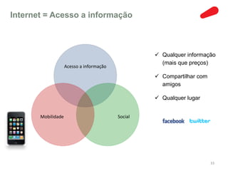 Internet = Acesso a informação



                                                    Qualquer informação
                                                     (mais que preços)
                    Acesso a informação

                                                    Compartilhar com
                                                     amigos

                                                    Qualquer lugar


       Mobilidade                         Social




                                                                        33
 