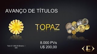 AVANÇO DE TÍTULOS
Teto $ 1.000,00 Binário /
DIA
8.000 PVs
U$ 200,00
 