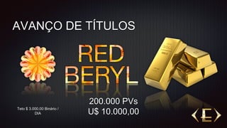 AVANÇO DE TÍTULOS
200.000 PVs
U$ 10.000,00
Teto $ 3.000,00 Binário /
DIA
 