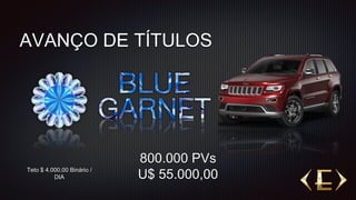 AVANÇO DE TÍTULOS
800.000 PVs
U$ 55.000,00
Teto $ 4.000,00 Binário /
DIA
 