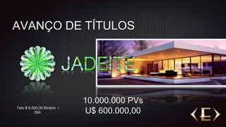 10.000.000 PVs
U$ 600.000,00
Teto $ 6.000,00 Binário /
DIA
AVANÇO DE TÍTULOS
 