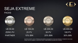 SEJA EXTREME
PACKS
U$ 30,00
ZERO PV
PARTNER
U$ 400,00
100 PV
30% BIN
U$ 200,00
50 PV
20% BIN
U$ 100,00
25 PV
10% BIN
OS PACK START, EITE E PREMIUM RECEBEM DIARIAMENTE POR DOIS MESES E SOMENTE NOS DIAS
ÚTEIS, ATÉ 5% SOBRE O VALOR DO PACK, COMO BÔNUS DIVISÃO DE LUCROS.
 