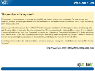 Web em 1989
Passado
http://www.w3.org/History/1989/proposal.html
 