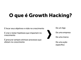 O que é Growth Hacking?
É focar seus objetivos e visão no crescimento
É criar e testar hipóteses que impactam no
crescimento
É procurar sempre otimizar processos que
afetam no crescimento
De um App
De uma empresa
De uma marca
De uma ação
especíﬁca
 