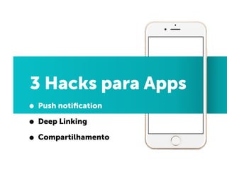 3 Hacks para Apps
• Push notiﬁcation
• Deep Linking
• Compartilhamento
 