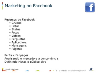 Marketing no Facebook


Recursos do Facebook
   §  Grupos
   §  Listas
   §  Status
   §  Fotos
   §  Vídeos
   §  Perguntas
   §  Aplicativos
   §  Mensagens
   §  Páginas

Perfis x Fanpages
Analisando o mercado e a concorrência
Definindo Metas e público alvo

PontoBr Mídia Digital
                                   3    / 17/05/2012 www.pontobrmidiadigital.com.br
 