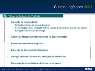 Práticas de Melhoria de Eficiência Aumento de produtividade Redução do tempo de carga e descarga Consolidação (maior utilização da frota através de aumento no tamanho do pedido) Redução da freqüência de entrega Análise de Mercado (evitar dispersão no preço do frete) Planejamento de Rede Logística Emprego de sistemas de informação Sinergia Inbound/Outbound e  Transporte Colaborativo Coordenação das atividades internas na empresa Custos Logísticos  2007 