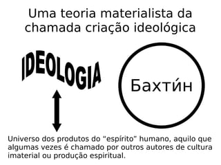 Uma teoria materialista da
chamada criação ideológica
Бахтии́н
Universo dos produtos do “espírito” humano, aquilo que
algumas vezes é chamado por outros autores de cultura
imaterial ou produção espiritual.
 
