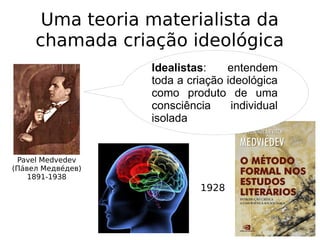 Uma teoria materialista da
chamada criação ideológica
Pavel Medvedev
(Паи́вел Медвеи́дев)
1891-1938
1928
Idealistas: entendem
toda a criação ideológica
como produto de uma
consciência individual
isolada
 