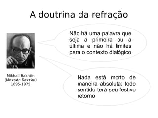 A doutrina da refração
Mikhail Bakhtin
(Михаии́л Бахтии́н)
1895-1975
Não há uma palavra que
seja a primeira ou a
última e não há limites
para o contexto dialógico
Nada está morto de
maneira absoluta: todo
sentido terá seu festivo
retorno
 