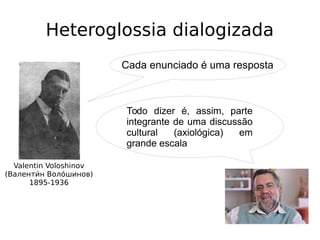 Heteroglossia dialogizada
Valentin Voloshinov
(Валентии́н Волои́шинов)
1895-1936
Cada enunciado é uma resposta
Todo dizer é, assim, parte
integrante de uma discussão
cultural (axiológica) em
grande escala
 