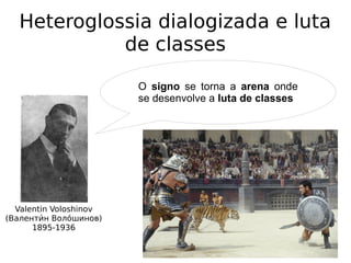 Heteroglossia dialogizada e luta
de classes
Valentin Voloshinov
(Валентии́н Волои́шинов)
1895-1936
O signo se torna a arena onde
se desenvolve a luta de classes
 