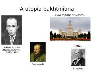 A utopia bakhtiniana
Mikhail Bakhtin
(Михаии́л Бахтии́н)
1895-1975
UNIVERSIDADE DE MOSCOU
Kruschev
1961
Dostoiévski
 