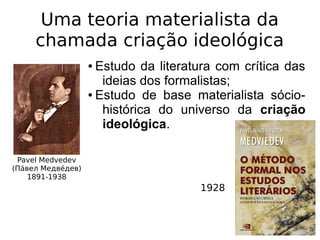 Uma teoria materialista da
chamada criação ideológica
Pavel Medvedev
(Паи́вел Медвеи́дев)
1891-1938
● Estudo da literatura com crítica das
ideias dos formalistas;
● Estudo de base materialista sócio-
histórica do universo da criação
ideológica.
1928
 
