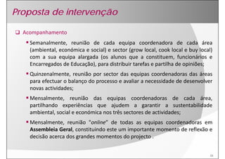 Proposta de intervenção

  Acompanhamento
      p
    Semanalmente, reunião de cada equipa coordenadora de cada área
    (ambiental, económica e social) e sector (grow local, cook local e buy local)
    com a sua equipa alargada (os alunos que a constituem, funcionários e
    Encarregados de Educação), para distribuir tarefas e partilha de opiniões;
    Quinzenalmente, reunião por sector das equipas coordenadoras das áreas
    para efectuar o balanço do processo e avaliar a necessidade de desenvolver
    novas actividades;
    Mensalmente, reunião das equipas coordenadoras de cada área,
    partilhando experiências que ajudem a garantir a sustentabilidade
    ambiental, social e económica nos três sectores de actividades;
    Mensalmente, reunião "online” de todas as equipas coordenadoras em
                             online
    Assembleia Geral, constituindo este um importante momento de reflexão e
    decisão acerca dos grandes momentos do projecto .


                                                                                15
 