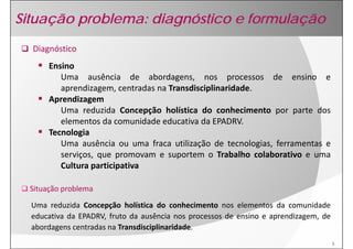 Situação problema: diagnóstico e formulação

  Diagnóstico
       Ensino
          Uma ausência de abordagens, nos processos de ensino e
          aprendizagem, centradas na Transdisciplinaridade.
       Aprendizagem
          Uma reduzida Concepção holística do conhecimento por parte dos
          elementos da comunidade educativa da EPADRV.
       Tecnologia
          Uma ausência ou uma fraca utilização de tecnologias, ferramentas e
          serviços, que promovam e suportem o Trabalho colaborativo e uma
          Cultura participativa

  Situação problema
  Uma reduzida Concepção holística do conhecimento nos elementos da comunidade
  educativa da EPADRV, fruto da ausência nos processos de ensino e aprendizagem, de
  abordagens centradas na Transdisciplinaridade.
                                                                                      5
 