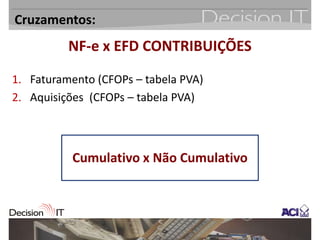 Cruzamentos:
          NF-e x EFD CONTRIBUIÇÕES

1. Faturamento (CFOPs – tabela PVA)
2. Aquisições (CFOPs – tabela PVA)



           Cumulativo x Não Cumulativo
 