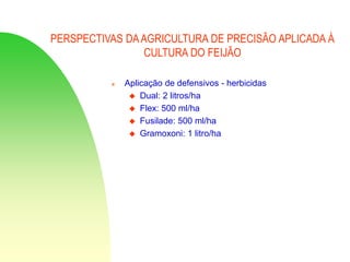 PERSPECTIVAS DAAGRICULTURA DE PRECISÃO APLICADA À
CULTURA DO FEIJÃO
 Aplicação de defensivos - herbicidas
 Dual: 2 litros/ha
 Flex: 500 ml/ha
 Fusilade: 500 ml/ha
 Gramoxoni: 1 litro/ha
 