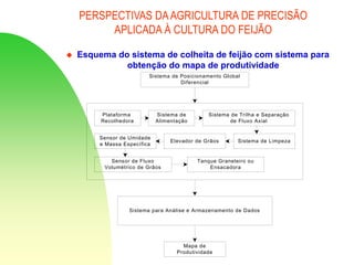 PERSPECTIVAS DAAGRICULTURA DE PRECISÃO
APLICADA À CULTURA DO FEIJÃO
 Esquema do sistema de colheita de feijão com sistema para
obtenção do mapa de produtividade
Plataforma
Recolhedora
Sistema de
Alimentação
Sistema de Trilha e Separação
de Fluxo Axial
Sistema de Limpeza
Elevador de Grãos
Sensor de Umidade
e Massa Específica
Sensor de Fluxo
Volumétrico de Grãos
Tanque Graneleiro ou
Ensacadora
Sistema de Posicionamento Global
Diferencial
Mapa de
Produtividade
Sistema para Análise e Armazenamento de Dados
 