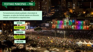 FESTIVAIS MUNICIPAIS -- PBH
DIFUSÃO
INTERCÂMBIO
FORMAÇÃO
CIRCULAÇÃO
REFLEXÃO
Permanentemente aliando qualidade e diversidade de
linguagens, as ações dos festivais operam em diferentes
campos, contemplando os seguintes eixos:
FOTO:
LÉO
LARA
 