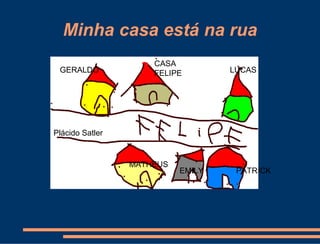 Minha casa está na rua
                     CASA
 GERALDO             FELIPE        LUCAS




Plácido Satler


                 MATHEUS
                           EMILY
                             I      PATRICK
 