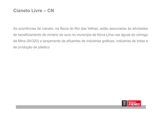 Cianeto Livre – CN
As ocorrências de cianeto, na Bacia do Rio das Velhas, estão associadas às atividades
de beneficiamento de minério de ouro no município de Nova Lima nas águas do córrego
da Mina (AV320) e lançamento de efluentes de indústrias gráficas, indústrias de tintas e
de produção de plástico
 