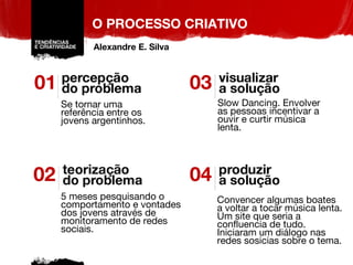 O PROCESSO CRIATIVO Se tornar uma referência entre os jovens argentinhos. Slow Dancing. Envolver as pessoas incentivar a ouvir e curtir música lenta. 5 meses pesquisando o comportamento e vontades dos jovens através de monitoramento de redes sociais. Convencer algumas boates a voltar a tocar música lenta. Um site que seria a confluencia de tudo.  Iniciaram um diálogo nas redes sosicias sobre o tema. Alexandre E. Silva 