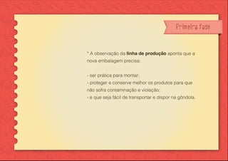 Primeira fase
* A observação da linha de produção aponta que a
nova embalagem precisa:
- ser prática para montar;
- proteger e conserve melhor os produtos para que
não sofra contaminação e violação;
- e que seja fácil de transportar e dispor na gôndola.
 