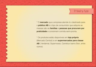 Primeira fase
* O mercado que a empresa atende é o destinado para
o público AB e o tipo de consumidor que adquire as
massas são as famílias e pessoas que procuram por
praticidade e consomem comida semi-pronta.
* Os produtos estão disponíveis em loja própria
(Mercado Central) e em supermercados para classe
AB ( Verdemar, Supernosso, Carrefour bairro Sion, entre
outros).
 