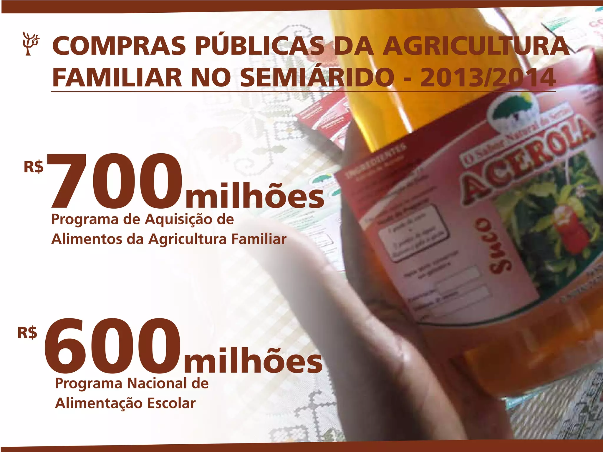 Programa Nacional de
Alimentação Escolar
600milhões
R$
700milhõesPrograma de Aquisição de
Alimentos da Agricultura Familiar
R$
COMPRAS PÚBLICAS DA AGRICULTURA
FAMILIAR NO SEMIÁRIDO - 2013/2014
 