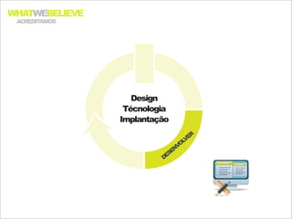 WHATWEBELIEVE
 ACREDITAMOS




                   Design
                 Técnologia
                Implantação

                                  ER
                                LV
                             NVO
                           SE
                         DE
 