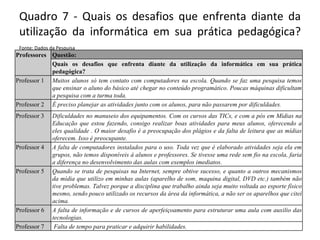 Quadro 7 -  Quais os desafios que enfrenta diante da utilização da informática em sua prática pedagógica? Fonte: Dados da Pesquisa Professores Questão: Quais os desafios que enfrenta diante da utilização da informática em sua prática pedagógica? Professor 1 Muitos alunos só tem contato com computadores na escola. Quando se faz uma pesquisa temos que ensinar o aluno do básico até chegar no conteúdo programático .  Poucas máquinas dificultam a pesquisa com a turma toda. Professor 2 É preciso planejar as atividades junto com os alunos, para não passarem por dificuldades. Professor 3 Dificuldades no manuseio dos equipamentos. Com os cursos das TICs, e com a pós em Mídias na Educação que estou fazendo, consigo realizar boas atividades para meus alunos, oferecendo a eles qualidade . O maior desafio é a preocupação dos plágios e da falta de leitura que as mídias oferecem. Isso é preocupante. Professor 4 A falta de computadores instalados para o uso. Toda vez que é elaborado atividades seja ela em grupos, não temos disponíveis à alunos e professores. Se tivesse uma rede sem fio na escola, faria a diferença no desenvolvimento das aulas com exemplos imediatos. Professor 5 Quando se trata de pesquisas na Internet, sempre obtive sucesso, e quanto a outros mecanismos da mídia que utilizo em minhas aulas (aparelho de som, maquina digital, DVD etc.) também não tive problemas. Talvez porque a disciplina que trabalho ainda seja muito voltada ao esporte físico mesmo, sendo pouco utilizado os recursos da área da informática, a não ser os aparelhos que citei acima. Professor 6  A falta de informação e de cursos de aperfeiçoamento para estruturar uma aula com auxilio das tecnologias. Professor 7 Falta de tempo para praticar e adquirir habilidades.  