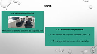Cont...
8
2.4. Montagem do Sistema
Montagem do sistema de cultivo de Tilápia do Nilo
2.5. Delineamento experimental
 280 alevinos de Tilápia do Nilo com 3,5±0,71 g
 Três grupos de tratamentos e três repetições
 