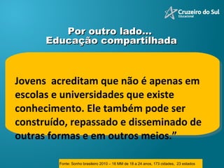 “ Jovens  acreditam que não é apenas em escolas e universidades que existe conhecimento. Ele também pode ser construído, repassado e disseminado de outras formas e em outros meios.” Por outro lado…  Educação compartilhada Fonte: Sonho brasileiro 2010 – 16 MM de 18 a 24 anos, 173 cidades,  23 estados  