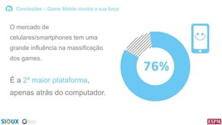 Conclusões – Game Mobile mostra a sua força

O mercado de
celulares/smartphones tem uma
grande influência na massificação
dos games.

É a 2ª maior plataforma,

apenas atrás do computador.

 