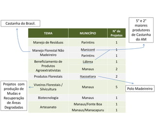 TEMA MUNICÍPIO
N° de
Projetos
Manejo de Resíduos Parintins 1
Manejo Florestal Não
Madeireiro
Manicoré 1
Parintins 1
Beneficiamento de
Produtos
Agroextrativistas
Lábrea 1
Manaus 2
Produtos Florestais Itacoatiara 2
Viveiros Florestais /
Silvicultura
Manaus 5
Biotecnologia Manaus 1
Artesanato
Manaus/Fonte Boa 1
Manaus/Manacapuru 1
Castanha do Brasil.
5° e 2°
maiores
produtores
de Castanha
do AM
Projetos com
produção de
Mudas e
Recuperação
de Áreas
Degradadas
Polo Madeireiro
 
