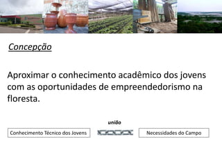 Aproximar o conhecimento acadêmico dos jovens
com as oportunidades de empreendedorismo na
floresta.
Conhecimento Técnico dos Jovens Necessidades do Campo
união
Concepção
 