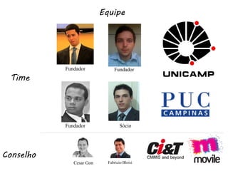 Equipe




           Fundador            Fundador
 Time




           Fundador                Sócio




Conselho
              Cesar Gon     Fabricio Bloisi
 