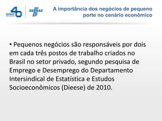 A importância dos negócios de pequeno
                         porte no cenário econômico




• Pequenos negócios são responsáveis por dois
em cada três postos de trabalho criados no
Brasil no setor privado, segundo pesquisa de
Emprego e Desemprego do Departamento
Intersindical de Estatística e Estudos
Socioeconômicos (Dieese) de 2010.
 