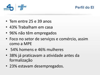 Perfil do EI


• Tem entre 25 e 39 anos
• 43% Trabalham em casa
• 96% não têm empregados
• Foco no setor de serviços e comércio, assim
  como a MPE
• 54% homens e 46% mulheres
• 38% já praticavam a atividade antes da
  formalização
• 23% estavam desempregados.
 