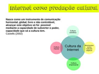 Internet como produçãocultural 
Nasce como uminstrumento de comunicaçãohorizontal, global, livree nãocontrolável, alcançareste objetivo sófoipossívelmediante a capacidadede subvertero poder, capacidadeque sóa cultura tem. 
Castells(2002) 
Cultura da Internet 
Cultura cientifica 
Movimentos contra culturais utópicos 
Cultura empresarial 
Cultura Hacker  