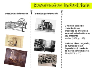 Revolucõesindustriais 
2ª Revolução Industrial 
1ª Revolução Industrial 
O homem perdeu o controle de sua produção de artefatos e a capacidade de alterar o seu ambiente 
Aicher (2001, p. 133), 
em troca disso, segundo, os humanos foram degradados à condição de meros consumidores. Illich (1973, p. 17)  