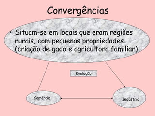 Convergências Situam-se em locais que eram regiões rurais, com pequenas propriedades (criação de gado e agricultora familiar) Comércio Indústria Evolução 